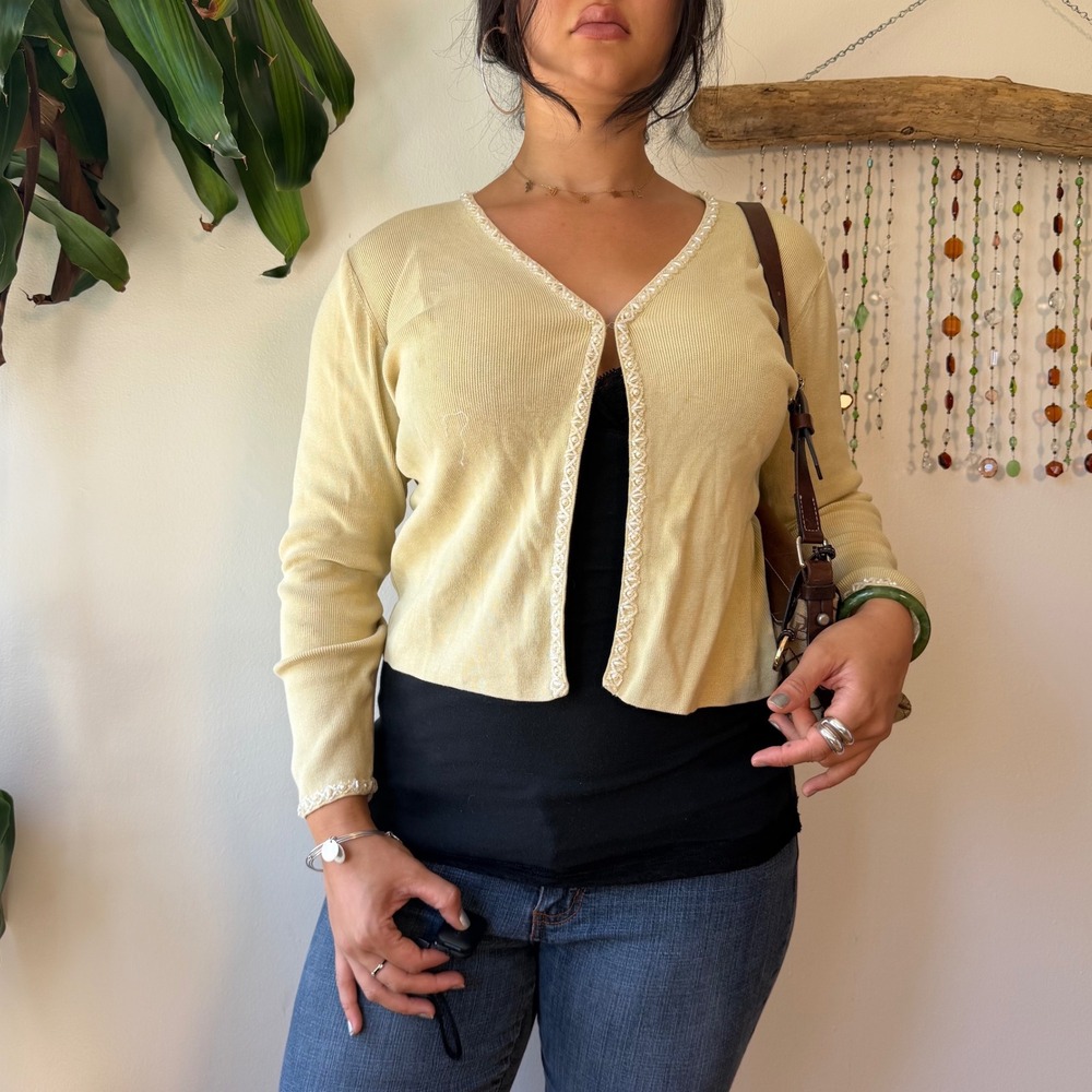 Colette Mordo Silk Cotton Beaded Cardigan Yellow Whimsy Fairy Boho Cottagecore M